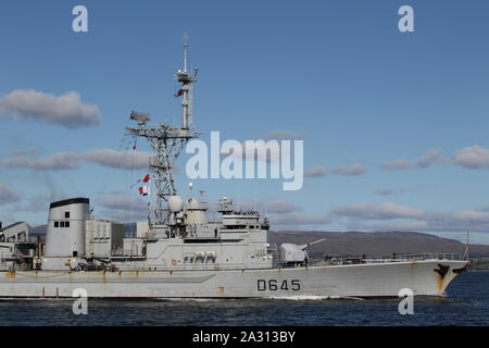 La Motte-Picquet (D 645), Georges Leygues-Klasse Fregatte von der Französischen Marine betrieben, vorbei an Greenock bei der Ankunft für Übung gemeinsame Krieger 19-2. Stockfoto