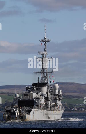 La Motte-Picquet (D 645), Georges Leygues-Klasse Fregatte von der Französischen Marine betrieben, vorbei an Greenock bei der Ankunft für Übung gemeinsame Krieger 19-2. Stockfoto