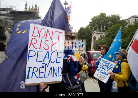 Parliament Square, London, den 3. Oktober 2019. Anti Brexit Protest von Remainers. Plakat sagen 'Dont Risiko Frieden in Irland". Stockfoto