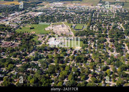 Luftaufnahme des schönen, historischen Stoughton, Wisconsin, USA. Stockfoto