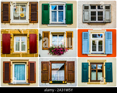 Viele traditionelle Fensterläden Stockfoto