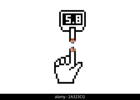 Blutzuckermessgerät zur Messung des Zuckertestkontrollgeräts. Elektronischer Monitor Glucometer mit diabetischem Patientenfinger. Medizinische Vektor Diabetes Pixel Kunst illusrtation Stock Vektor