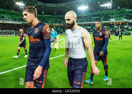 Groningen, Nederland. 04 Okt, 2019. GRONINGEN 04-10-2019, Fußball, niederländischen Eredivisie, Hitachi Kapitalmobilität Stadion, Saison 2019-2020, RKC Waalwijk Spieler enttäuscht nach dem Spiel FC Groningen - RKC Waalwijk 3-0 Credit: Pro Schüsse/Alamy leben Nachrichten Stockfoto