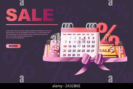 Tabelle Kalender mit Datum Einkaufstaschen und Prozentsatz symbol Verkauf Tag tag Flachbild Vector Illustration auf dunklem Hintergrund Website Design. Stock Vektor