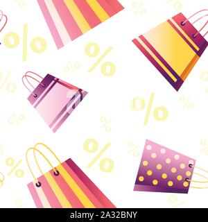 Nahtlose Muster der shopping Papiertüte mit Verkauf Tag % Vector Illustration auf weißem Hintergrund mit %-Symbol. Stock Vektor