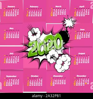 2020 Comic Text Vorlage Kalender pop art Stock Vektor