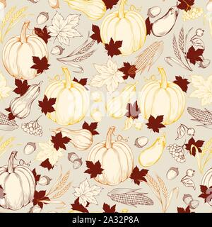 Thanksgiving Muster in Skizze Stil mit Kürbissen, Herbst Ahorn Blätter und Äpfel. Nahtlose vintage Hintergrund Textur. Vektor Ernte Kulisse für Herbst Design. Stock Vektor