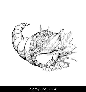Gemüse Warenkorb Hand gezeichnet Vector Illustration. Herbst, Ernte, erntedank das Symbol. Wicker pottle mit Bauernhof essen Schwarzweiß-Zeichnung. Natürliche Kürbis, Auberginen, Trauben und Weizen Stock Vektor