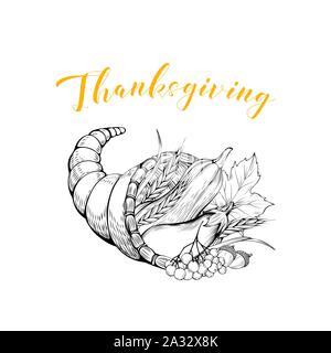 Gemüse Korb schwarz-weiß illustration. Thanksgiving Grußkarte design Element. Herbst urlaub Postkarte Konzept mit Kalligraphie. Holz- pottle mit natürlichen Ernte eingravierte Zeichnung Stock Vektor