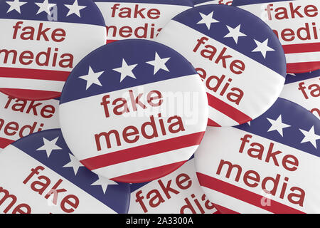 USA Politik Nachrichten Abzeichen: Stapel von gefälschten Media Tasten mit US-Flagge, 3D-Darstellung Stockfoto