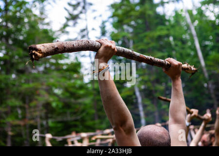 Eine Detailansicht der glatzköpfige Mann hält einen Zweig über seinem Kopf während einer Übung blending multikulturellen Übungen wie Tai Chi und Yoga für Körper und Geist. Stockfoto