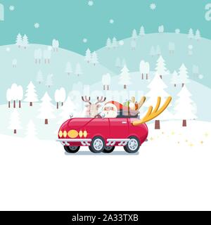 Weihnachtsmann und Rentier Fahren rotes Auto mit großen Hirsch Horn und Sack voller vorhanden Boxen in der verschneiten Landschaft mit Bergen und Pinien in flachen Ca Stock Vektor