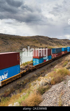 Container Zug auf die Canadian National Railway in British Columbia Kanada von den Rocky Mountaineer Zug gesehen Stockfoto