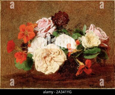 Fantin-Latour, Henri - Rosen und Nasturtiums in einer Vase. Stockfoto