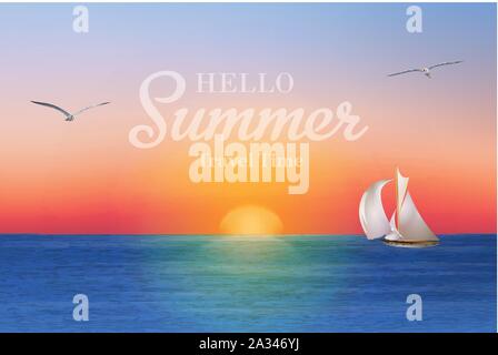 Sonnenaufgang am Meer mit einem Segelboot und Möwen. Sommerferien vector Hintergrund Stock Vektor