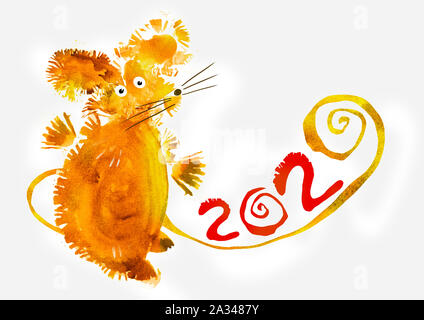 Maus Symbol für 2020. Aquarell Abbildung: Neues Jahr Grußkarten, Kalender. Stockfoto