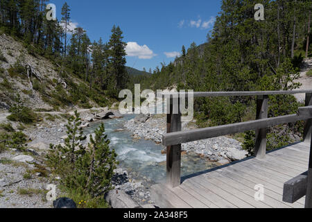 Holzbrücke über einen Ice Cold Mountain Brook in einer wildromantischen Naturpark Park in Th e-Teil von Engadin in der Schweiz. Stockfoto