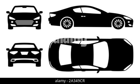 Sportwagen Silhouette auf weißem Hintergrund. Fahrzeugsymbole Ansicht von der Seite, vorne, hinten, oben Stock Vektor