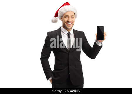 Unternehmer tragen ein Weihnachtsmann hat mit Handy auf weißem Hintergrund Stockfoto