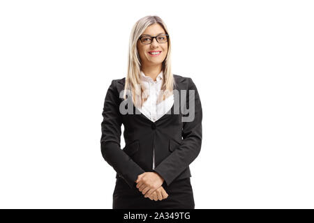 Junge Geschäftsfrau in die Kamera lächeln auf weißem Hintergrund Stockfoto