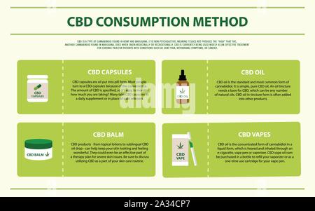 CBD Verbrauch Methode horizontale Infografik Abbildung über Cannabis als pflanzliche Alternative Medizin und chemische Therapie, Gesundheit und Medizin Stock Vektor