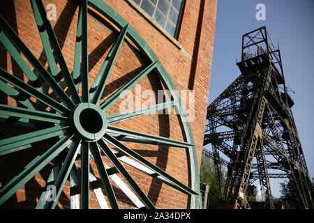 Förderturm gewundenen Gang bei der Lancashire Mining Museum, Astley Green Colliery, in der Nähe von Tyldesley, UK. Stockfoto