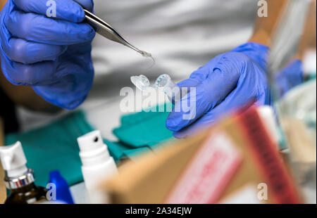 Spezialisierte Polizei unter zeigt Haare im wissenschaftlichen Labor zu analysieren, konzeptionell Bild Stockfoto