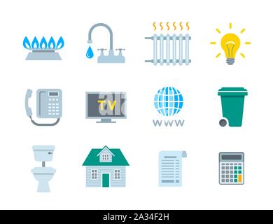 Dienstleistungen im Haushalt Stromrechnung Symbole. Vektor flachbild Symbole der regelmäßige Zahlungen wie Gas, Wasser, Strom, Heizung, Telefon, Kabel-TV, Internet Stock Vektor