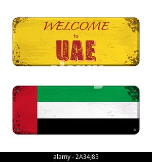 Grunge Namensschilder mit UAE Flagge Design und welcom Text Stock Vektor