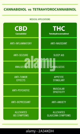 CBD vs THC medizinische Anwendungen vertikale Infografik Abbildung über Cannabis als pflanzliche Alternative Medizin, Gesundheitswesen und medizinische Wissenschaft Vektor. Stock Vektor