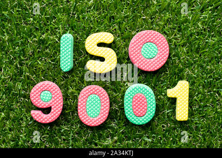 Spielzeug Schaumstoff Buchstaben im Wort iso 9001 auf grünem Gras Hintergrund Stockfoto