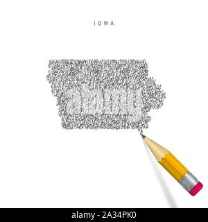 Iowa Skizze scribble Karte auf weißem Hintergrund. Hand Vektorkarte von Iowa gezeichnet. Realistische 3D-Bleistift mit Gummi. Stock Vektor