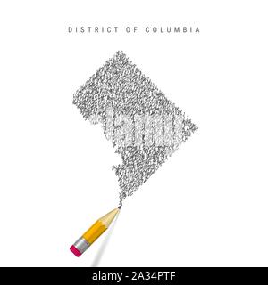 Distrikt von Columbia Skizze scribble Karte auf weißem Hintergrund. Hand Vektorkarte von Washington, D.C. Realistische 3D-Bleistift mit Radiergummi gezeichnet. Stock Vektor