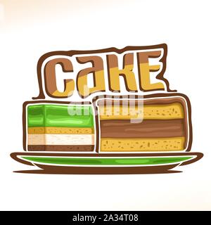 Vektor logo für Kuchen, Poster mit zwei geschnittene Stücke Geburtstag Kuchen auf dem Teller und ursprünglichen Font für Wort Kuchen, Illustration von Süßwaren für Pati Stock Vektor