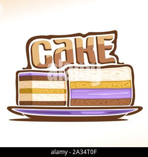 Vektor logo für Kuchen, Poster mit zwei geschnittene Stücke Geburtstag Kuchen auf dem Teller und ursprünglichen Font für Wort Kuchen, Illustration von Süßwaren für Pati Stock Vektor