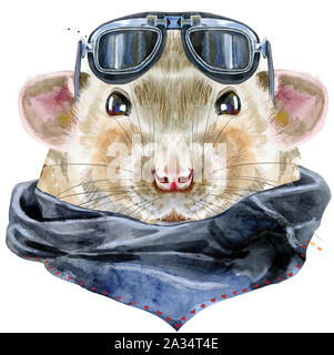 Süße Ratte mit biker Sonnenbrille und Spritzer für t-shirt Grafiken. Aquarell Ratte Abbildung Stockfoto