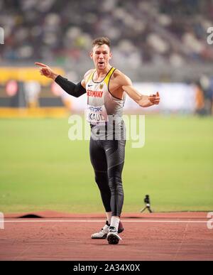 Jubel Sieger Niklas Kaul (Deutschland/Platz 1) Speerwerfen Zehnkampf der Männer am 03.10.2019 Leichtathletik WM 2019 in Doha/Katar, vom 27.09. - 10.10.2019. | Verwendung weltweit Stockfoto