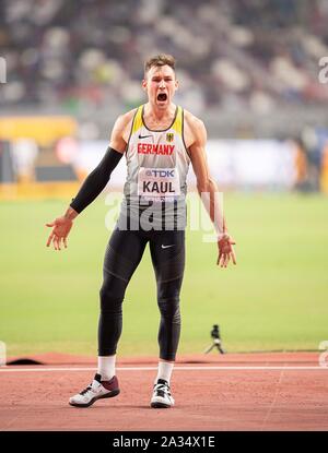 Jubel Sieger Niklas Kaul (Deutschland/Platz 1) Speerwerfen Zehnkampf der Männer am 03.10.2019 Leichtathletik WM 2019 in Doha/Katar, vom 27.09. - 10.10.2019. | Verwendung weltweit Stockfoto