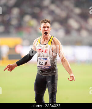 Jubel Sieger Niklas Kaul (Deutschland/Platz 1) Speerwerfen Zehnkampf der Männer am 03.10.2019 Leichtathletik WM 2019 in Doha/Katar, vom 27.09. - 10.10.2019. | Verwendung weltweit Stockfoto