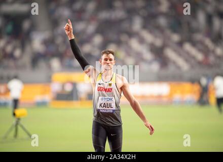 Jubel Sieger Niklas Kaul (Deutschland/Platz 1) Speerwerfen Zehnkampf der Männer am 03.10.2019 Leichtathletik WM 2019 in Doha/Katar, vom 27.09. - 10.10.2019. | Verwendung weltweit Stockfoto