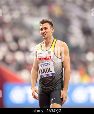 Sieger Niklas Kaul (Deutschland/Platz 1 Emotionale im Ziel 1500 m Zehnkampf der Männer, die am 3. Oktober 20120 Weltmeisterschaften in Doha/Katar, vom 27. bis 10. Oktober, 2019. | Verwendung weltweit Stockfoto