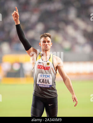 Jubel Sieger Niklas Kaul (Deutschland/Platz 1) Speerwerfen Zehnkampf der Männer am 03.10.2019 Leichtathletik WM 2019 in Doha/Katar, vom 27.09. - 10.10.2019. | Verwendung weltweit Stockfoto