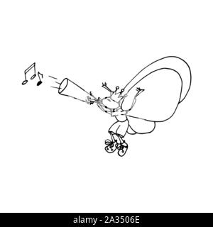 Schmetterling, Musik zu spielen. Cartoon doodle Skizze. Schwarzer Umriss auf weißem Hintergrund. Bild kann in Grußkarten, Poster, Flyer, Banner, Logo, botanische Design etc. Vector Illustration verwendet werden. EPS 10. Stock Vektor