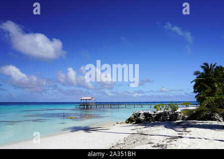 Anzeigen eines Dock von einem Sandstrand mit Palmen in einer blauen Lagune auf einer tropischen Insel führenden Stockfoto