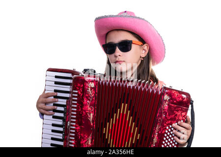 Junge jugendliche Mädchen mit Akkordeon auf einem weißen Hintergrund. Stockfoto