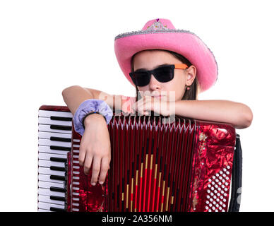 Junge jugendliche Mädchen mit Akkordeon auf einem weißen Hintergrund. Stockfoto