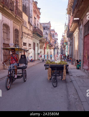 Zwiebeln und Bananen für den Verkauf auf einer Karre in Havanna, Kuba Stockfoto