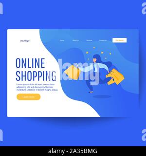 Online shopping Banner der Frau mit Einkaufstüten mit nettowohnfläche. Schwarzer Freitag. Vector Illustration Stock Vektor