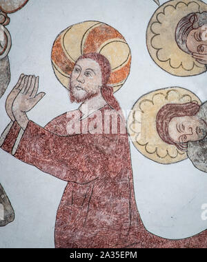 Todesangst im Garten, eine Wand - Malerei etwa ab dem Jahr 1500 in der Kirche St. Maria, Elsinore, Dänemark, 14. Mai 2019 Stockfoto