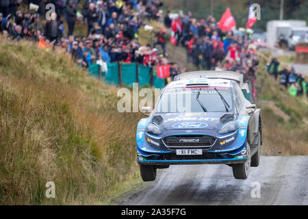 Llanidloes, Großbritannien. 5. Okt, 2019. Pontus Tidemand und Beifahrer Ola Floene konkurrieren in ihren ihren M-Sport Ford Fiesta WRC in Etappe 13 der Wales Rally GB, Kredit: Jason Richardson/Alamy leben Nachrichten Stockfoto